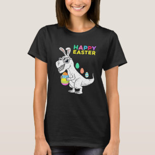 Camiseta Crianças Felz pascoa T Rex Dino Com Coelhinhos Ouv