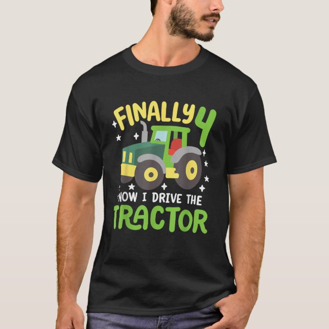 Camiseta Crianças Finalmente 4 anos de idade Trator 4º Nasc (Frente)