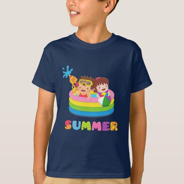 Camiseta Crianças Fofas De Verão, Piscina De Água (Frente)