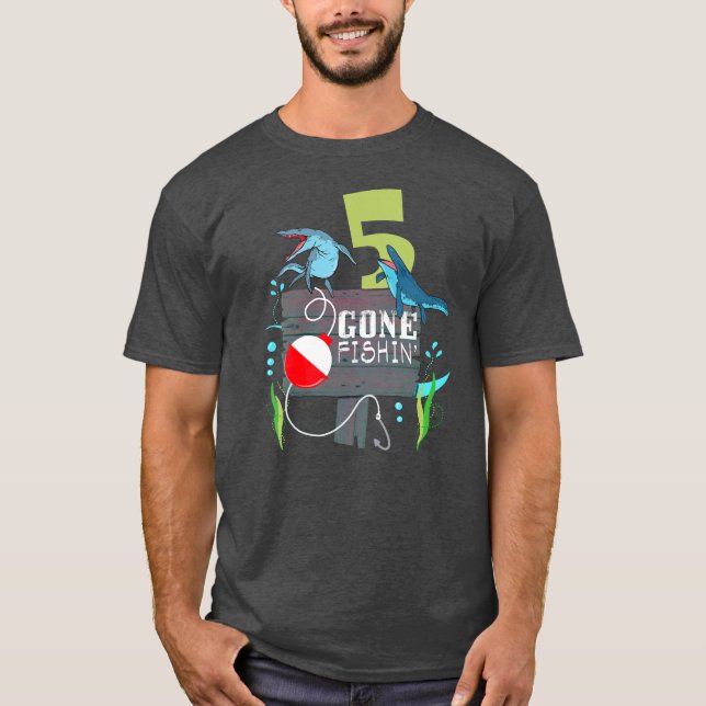 Camiseta Crianças foram pescando 5 Mosassauro de aniversári (Frente)