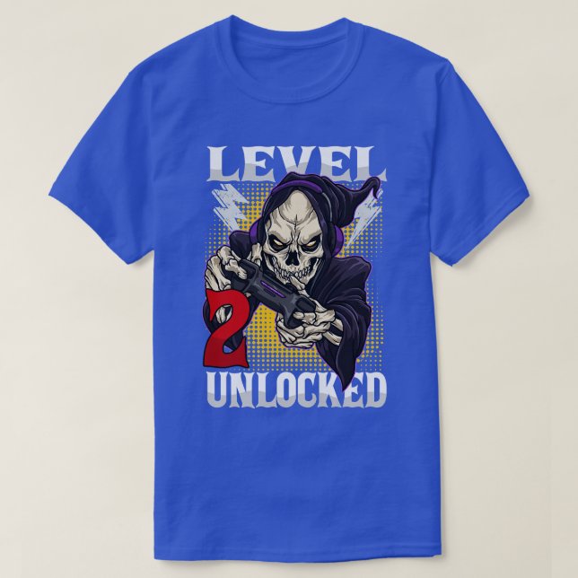 Camiseta Crianças Gamer Skeleton de segundo aniversário Nív (Frente do Design)
