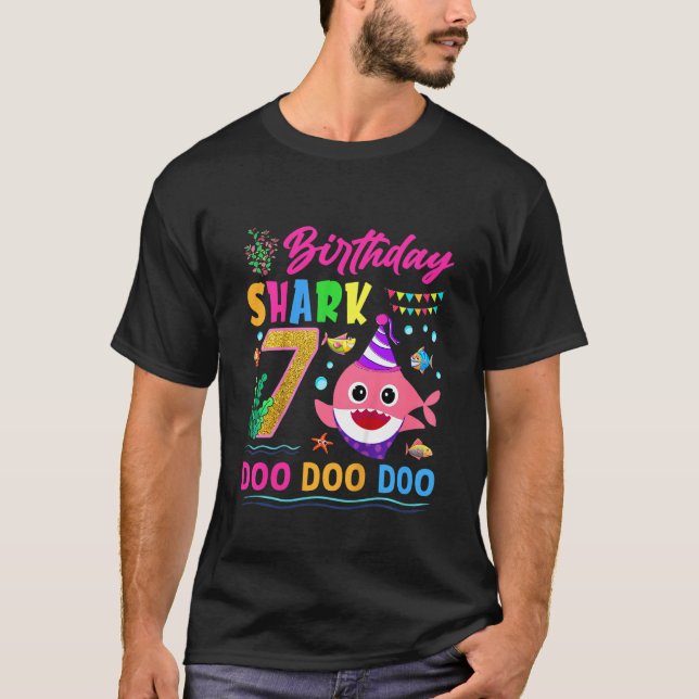 Camiseta Crianças Garotas 7 de Aniversário de Tubarão Cute  (Frente)