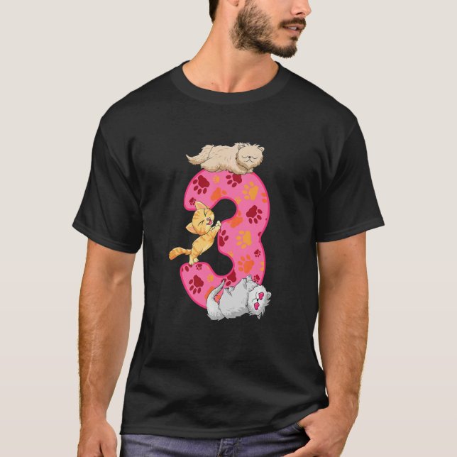 Camiseta Crianças Gatinhos-aniversário de 3 anos Balões Gat (Frente)
