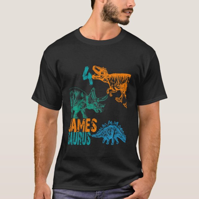 Camiseta Crianças James Saurus 4º Aniversário Rapazes Rex B (Frente)