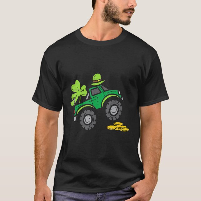 Camiseta Crianças Leprechaun Monster Truck Shamrock Rua Pat (Frente)