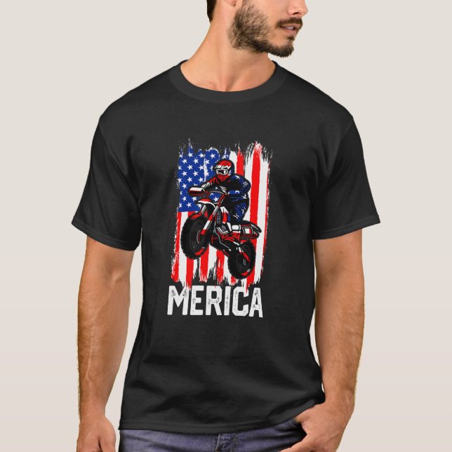 Camiseta Crianças Merica American Flag Motorcross Dirt Bike (Frente)