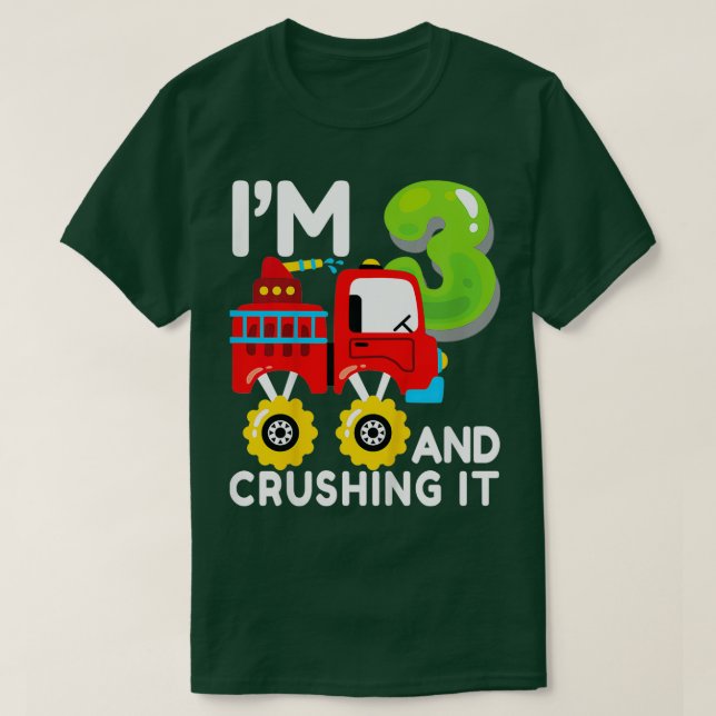 Camiseta Crianças, Monster Fire Truck, aniversário de 3 ano (Frente do Design)