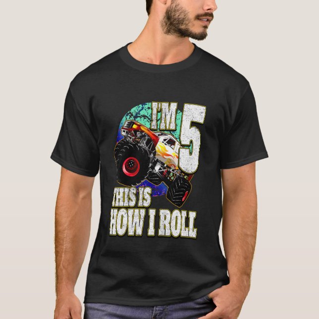 Camiseta Crianças Monster Truck 5 Anos Aniversário (Frente)