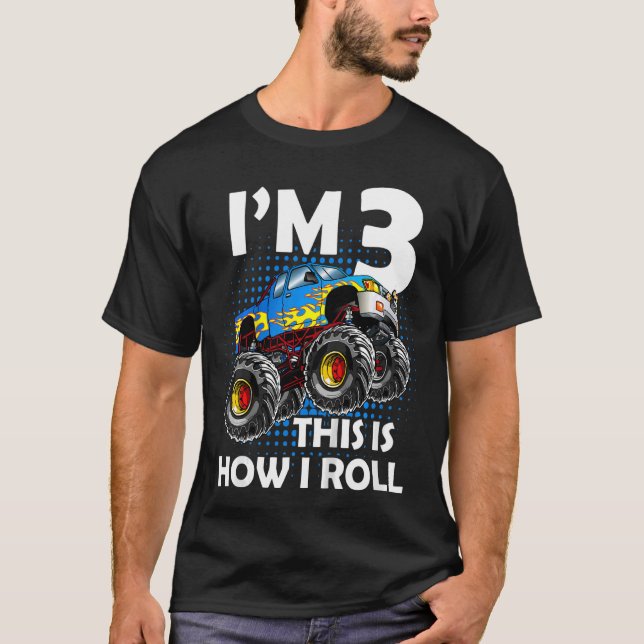 Camiseta Crianças Monster Truck aniversário de 3 anos de 3  (Frente)