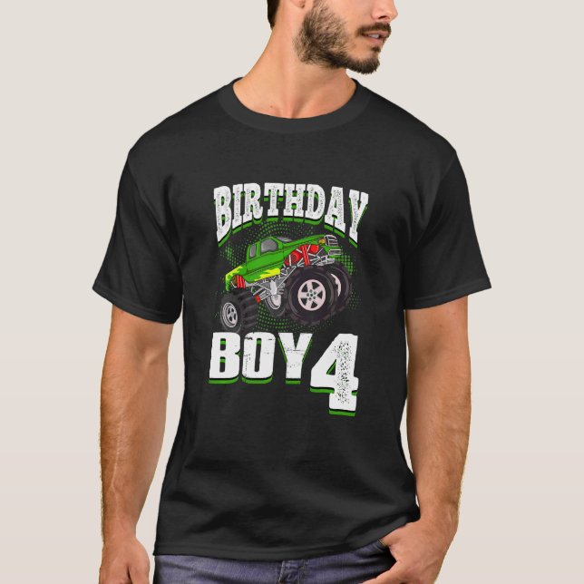 Camiseta Crianças Monster Truck Birthday Boy é 4 Crianças 4 (Frente)