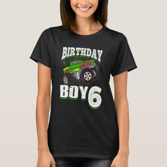 Camiseta Crianças Monster Truck Birthday Boy É 6 Crianças 6 (Frente)