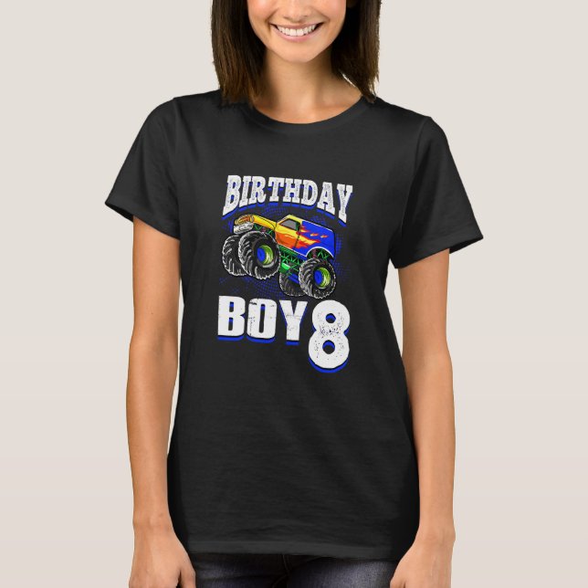 Camiseta Crianças Monster Truck Birthday Boy é 8 Crianças 8 (Frente)
