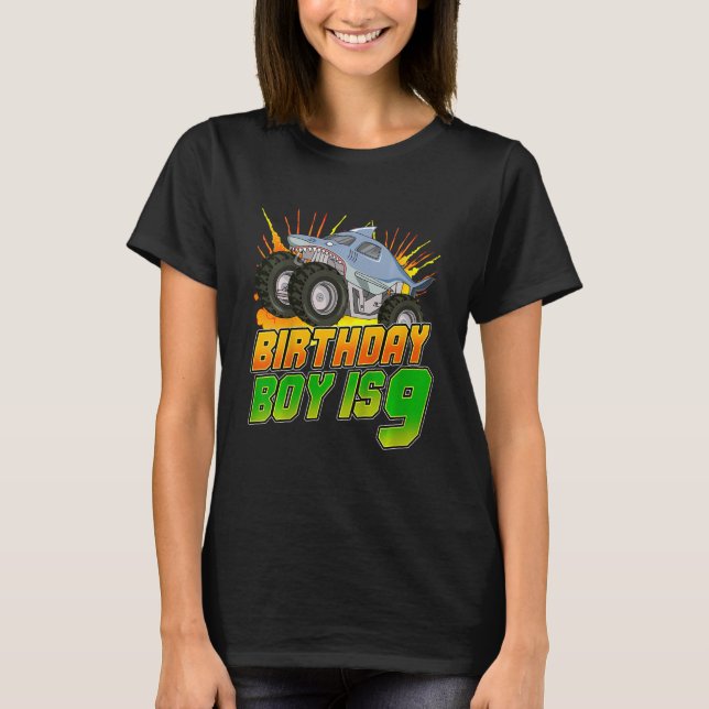 Camiseta Crianças Monster Truck Birthday Boy é 9 Crianças 9 (Frente)