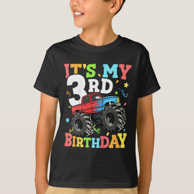Camiseta Crianças Monster Truck É Meu aniversário de 3 anos (Frente)