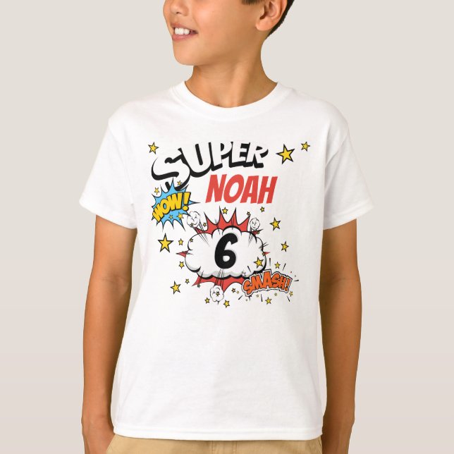 Camiseta Crianças Nome Personalizado com 6 anos Super (Frente)