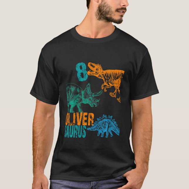 Camiseta Crianças Oliver Saurus 8º Aniversário Rapazes Rex  (Frente)