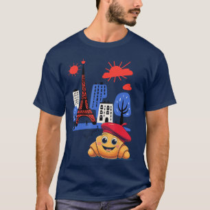 Camiseta Crianças Paris França Croissant com Boina Olá em F