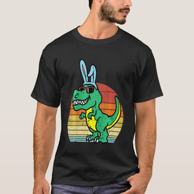 Camiseta Crianças Páscoa Trex Bunny Sunset Retro Dinossauro (Frente)