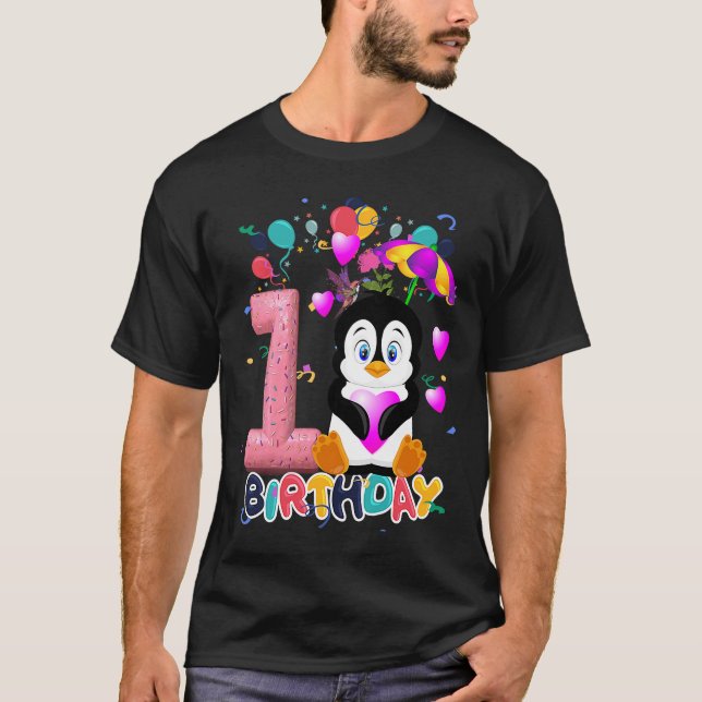 Camiseta Crianças Pinguim Festa de aniversário 1 ano Menino (Frente)