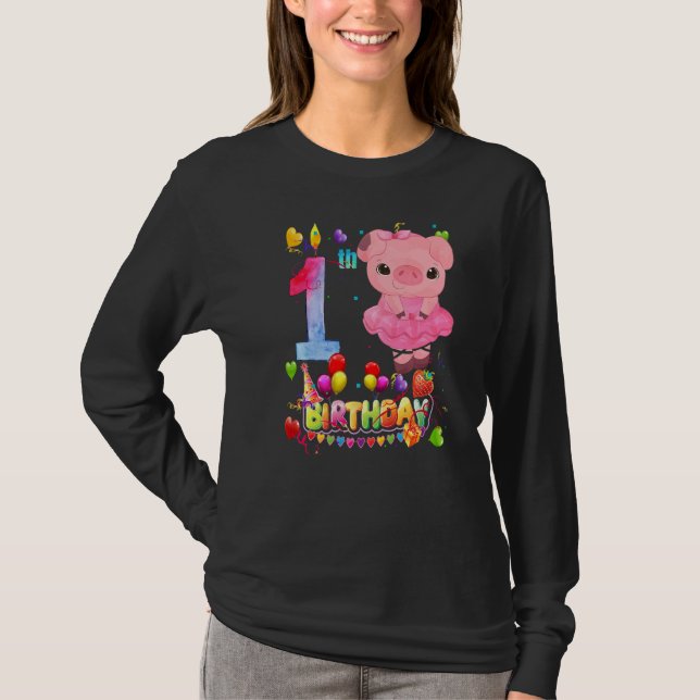 Camiseta Crianças Porcos De 1 Ano Menina De Aniversário De  (Frente)