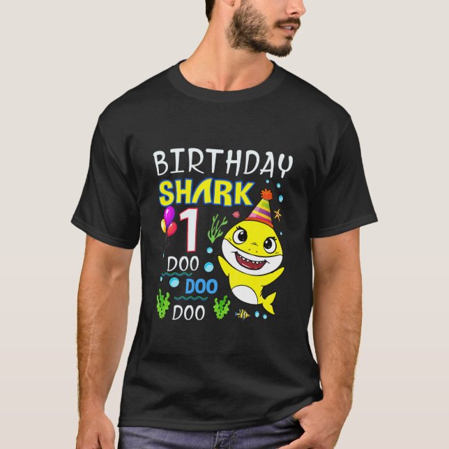 Camiseta Crianças, primeiro aniversario de tubarão-bebê Men (Frente)