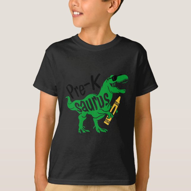 Camiseta Crianças Primeiro Dia de Meninas Pré K Saurus Trex (Frente)