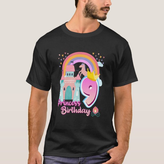 Camiseta Crianças Princesa 9º Aniversário Horse Rainbow Cas (Frente)