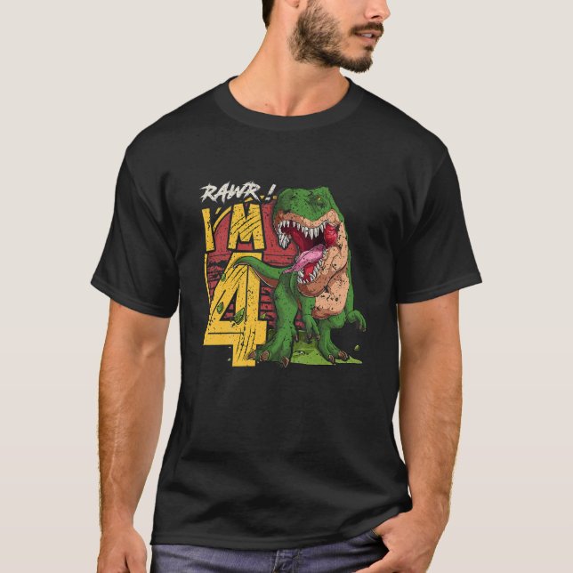 Camiseta Crianças Rawr Eu sou 4 4º Aniversário T Rex Dinosa (Frente)