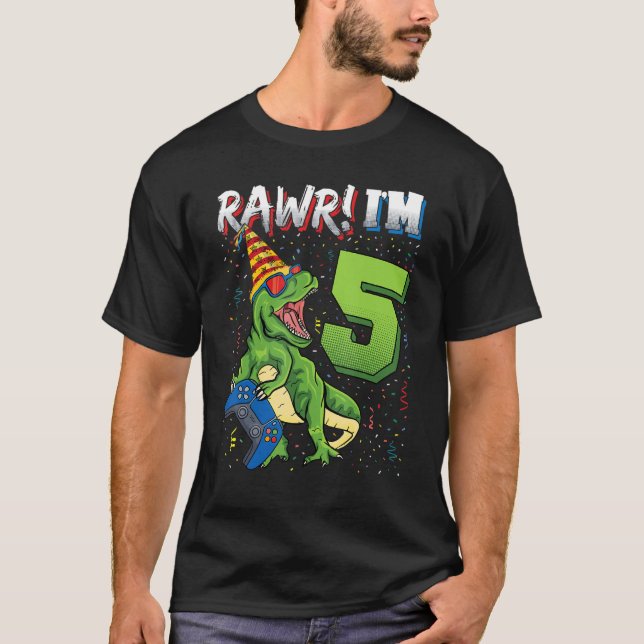 Camiseta Crianças Rawr Eu sou 5 5 de aniversário Dinossauro (Frente)