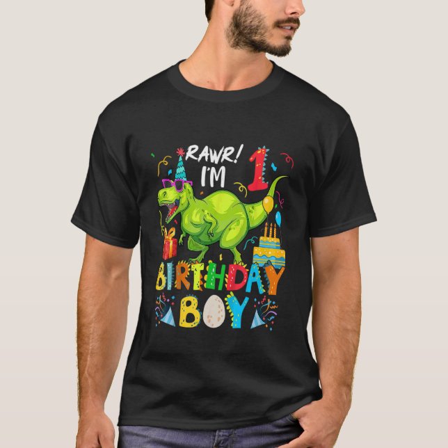 Camiseta Crianças Rawr Eu sou primeiro aniversario Garoto D (Frente)