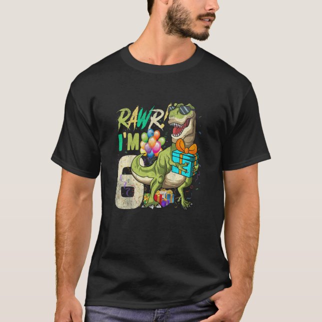 Camiseta Crianças Rawr Eu tenho 6 6 Rex no Aniversário Dino (Frente)