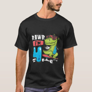 Camiseta Crianças Rawr Sou 4 T Rex Dinossaur Skateboard Boy