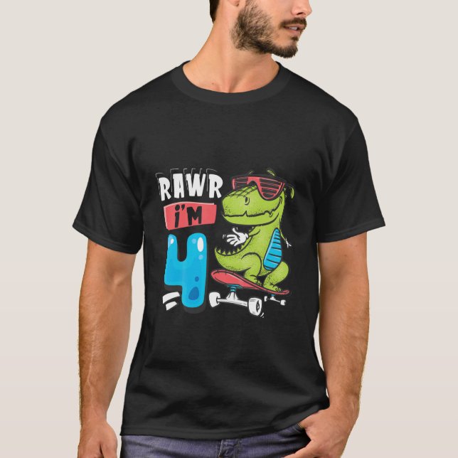 Camiseta Crianças Rawr Sou 4 T Rex Dinossaur Skateboard Boy (Frente)