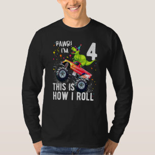 Camiseta Crianças Rex Dinossaur Monster Truck 4º Aniversári