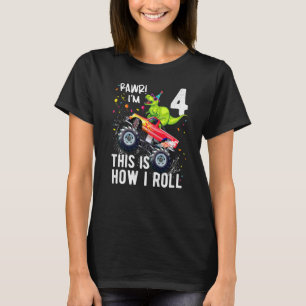 Camiseta Crianças Rex Dinossaur Monster Truck 4º Aniversári