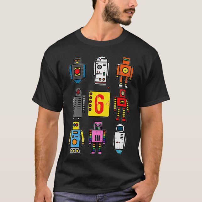 Camiseta Crianças Robot 6 Birthday Retro Robotics com númer (Frente)