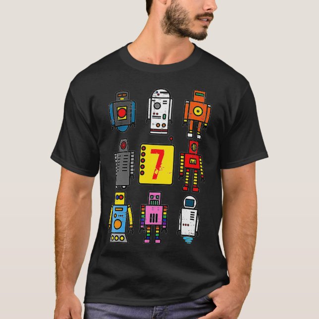 Camiseta Crianças Robot 7 Birthday Retro Robotics com númer (Frente)