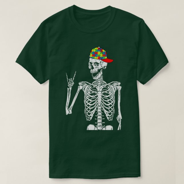 Camiseta Crianças Rock N Roll Skeleton Mão Autismo Sensibil (Frente do Design)
