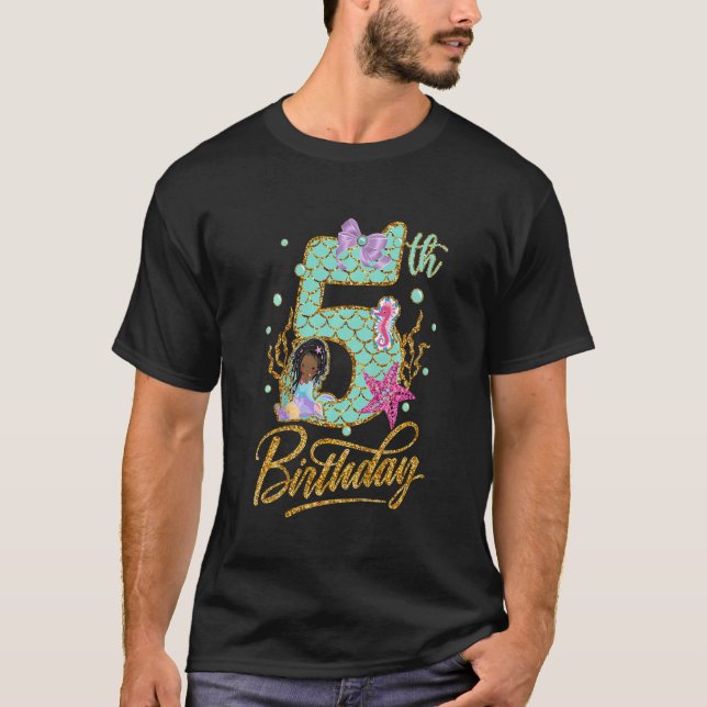 Camiseta Crianças Sereia 5 de Aniversário Outfit Afro-Ameri (Frente)