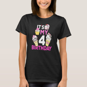 Camiseta Crianças Sorvete De Gato É Meu Quarto Aniversário