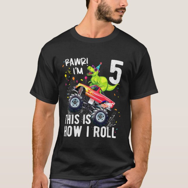 Camiseta Crianças T Rex Dinossaur Monster 5 Birthday (Frente)