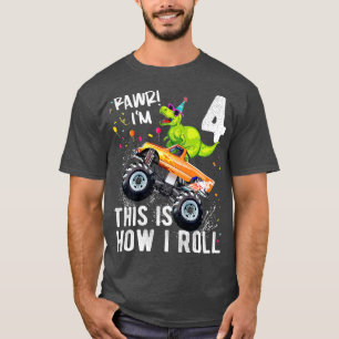 Camiseta Crianças T Rex Dinossaur Monster Truck 4º Aniversá