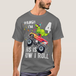 Camiseta Crianças T Rex Dinossaur Monster Truck 4º Aniversá