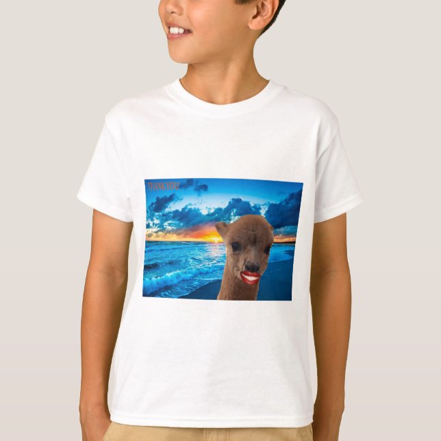 Camiseta crianças tee básico alpaca na praia obrigado você (Frente)