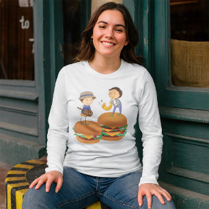 Camiseta Crianças Tocando Música em Cheeseburgers Gigantes