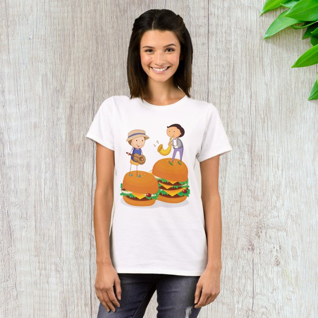 Camiseta Crianças Tocando Música em Cheeseburgers Gigantes (Criador carregado)