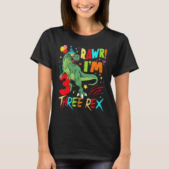 Camiseta Crianças Três Festas de aniversário Rex Dinossauro (Frente)