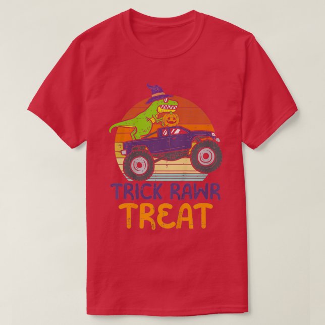 Camiseta Crianças Trick Rawr Treat Dinossaur Monster Truck  (Frente do Design)