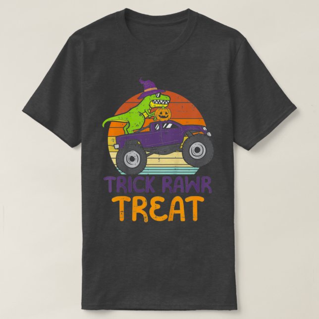 Camiseta Crianças Trick Rawr Treat Dinossaur Monster Truck  (Frente do Design)