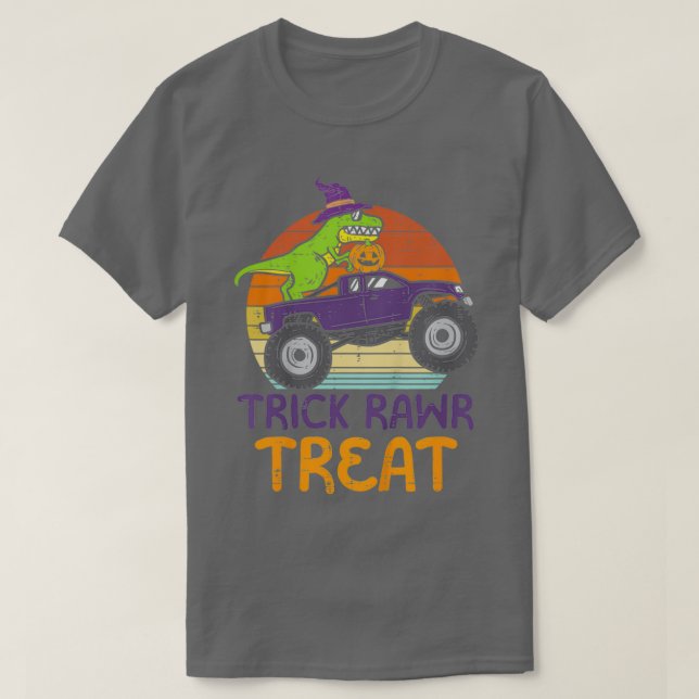 Camiseta Crianças Trick Rawr Treat Dinossaur Monster Truck  (Frente do Design)